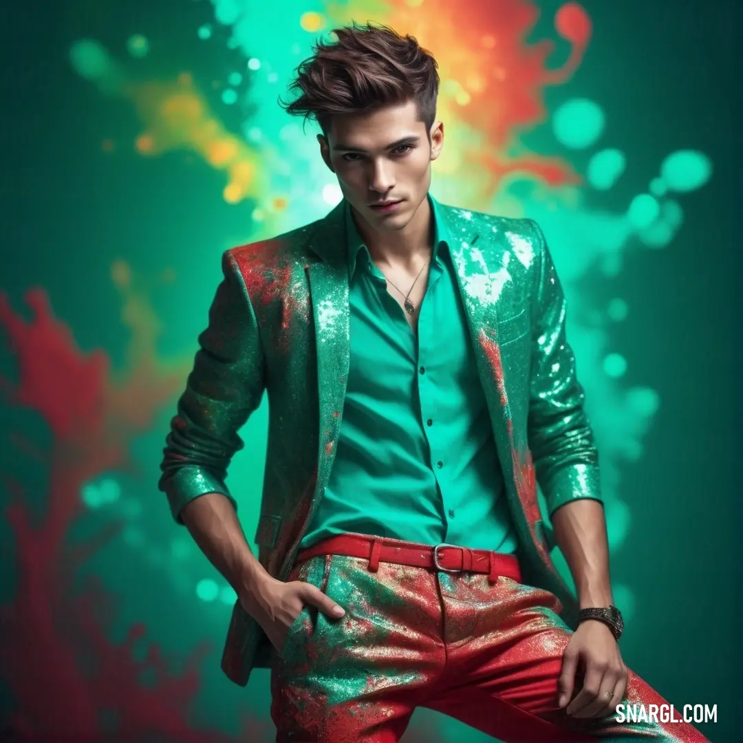 Man in a green shirt and red pants posing for a picture