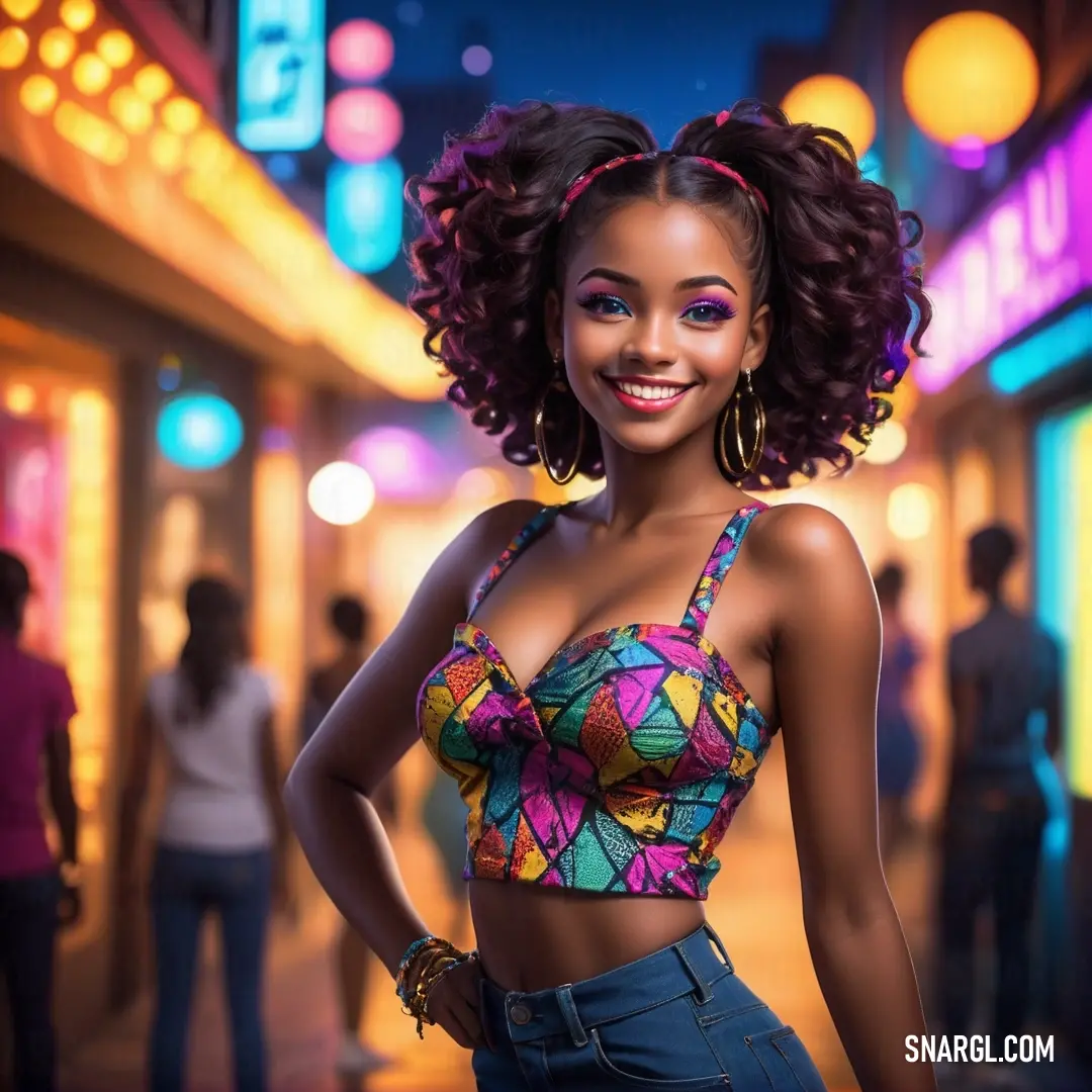 Woman in a bra top and jeans posing for a picture in a city at night time with neon lights