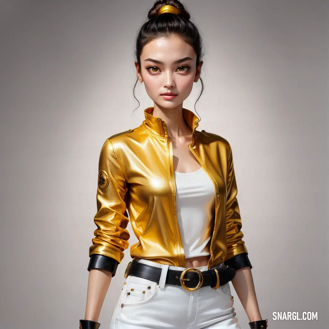 Woman in a gold jacket and white pants posing for a picture with her hands on her hips