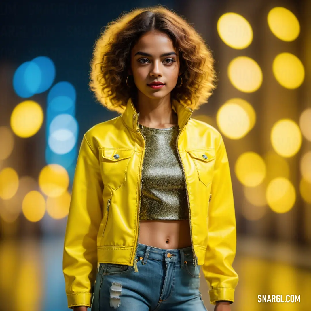 Woman in a yellow jacket and jeans posing for a picture with a bright background