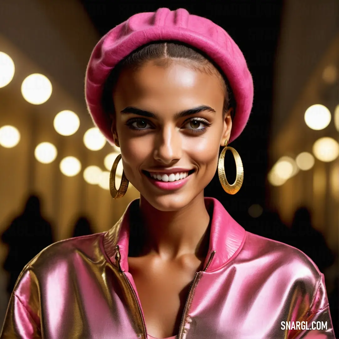 Woman with a pink hat and gold jacket and earrings smiling at the camera with a mirror in the background