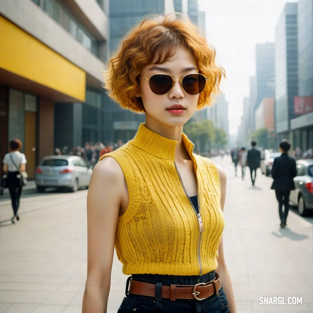 Woman with red hair and sunglasses on a city street with cars and pedestrians in the background