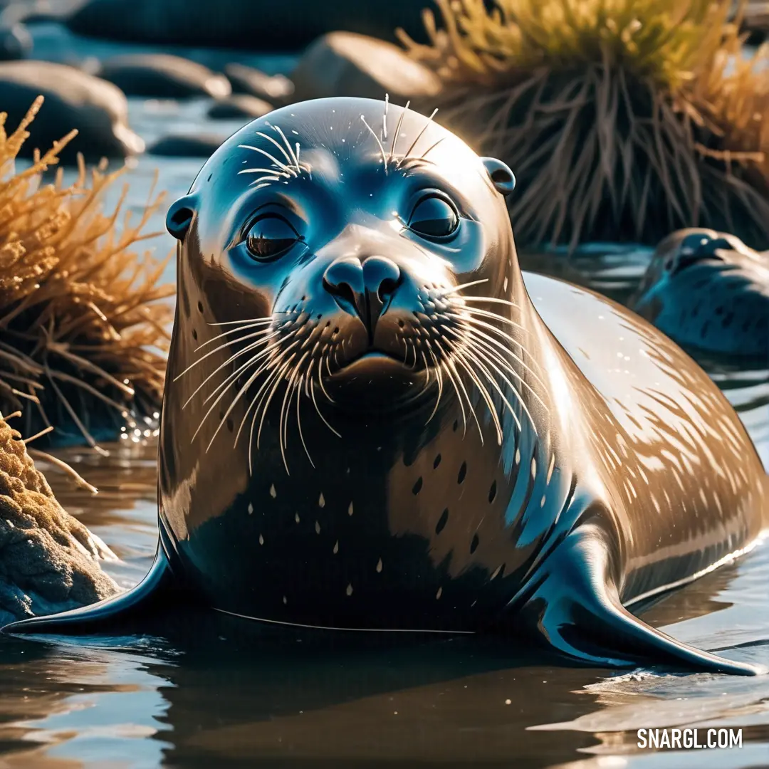 Seal is floating in the water near some plants and rocks