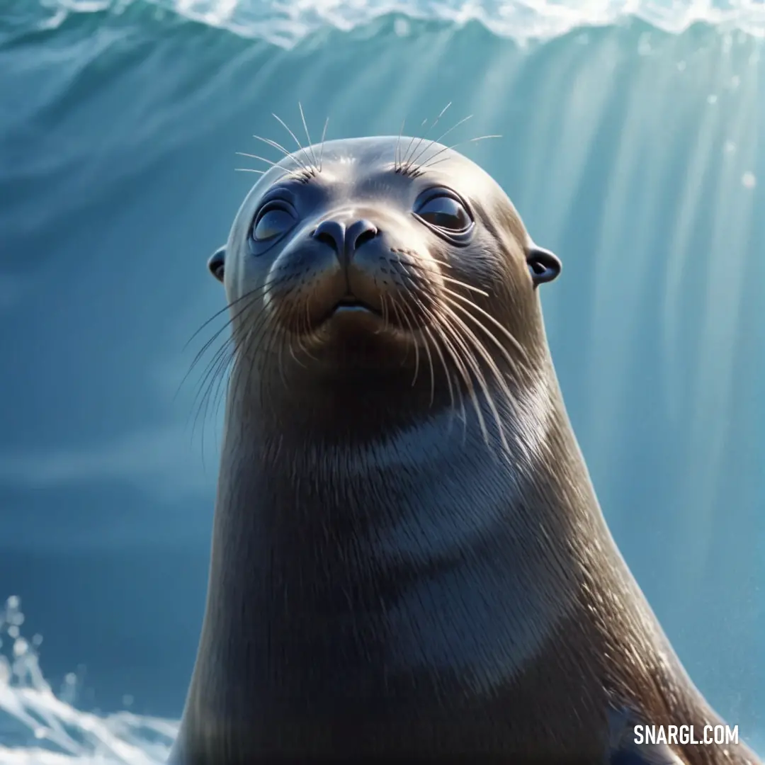 Seal is looking up at the sky and water below it is a wave of light coming from the ocean