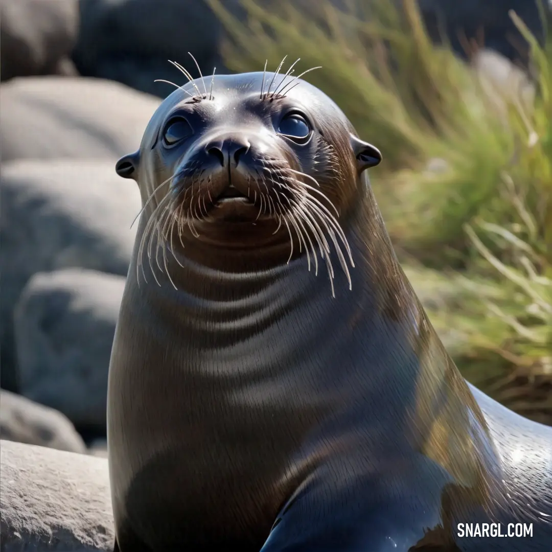 Seal is on a rock and looking at the camera with a smile on his face and eyes