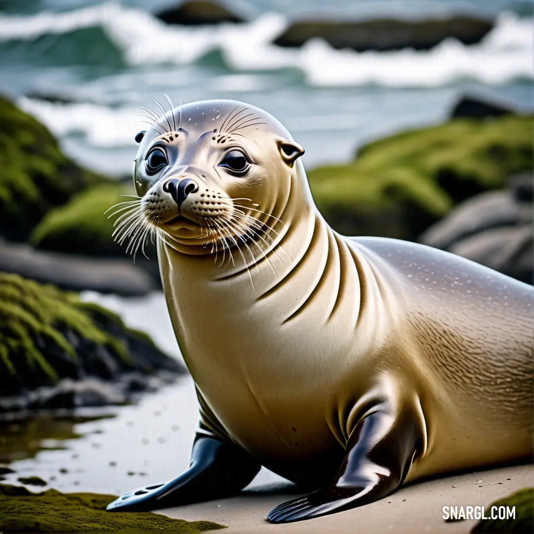 Seal on a beach next to the ocean and rocks and water with a wave coming in the background