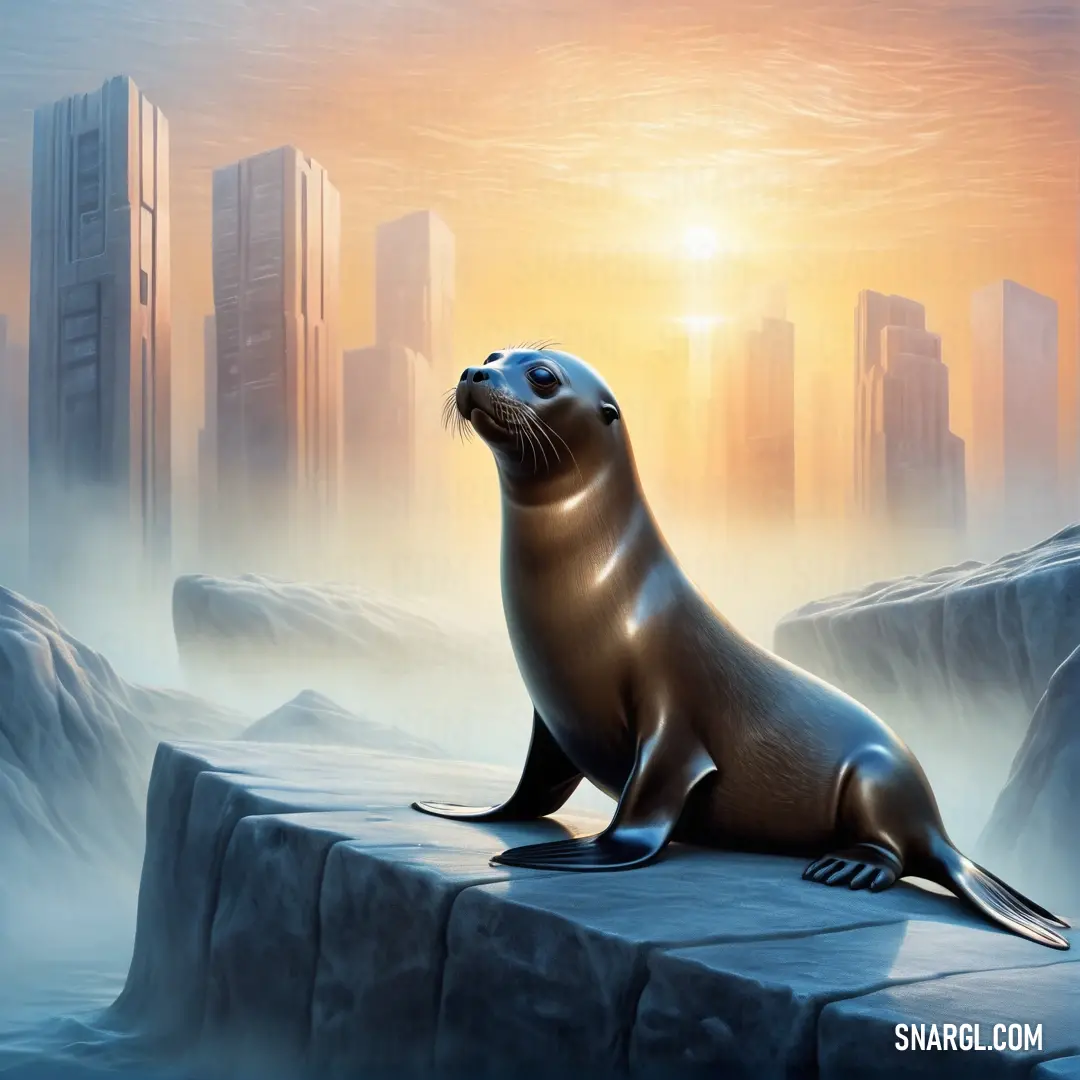 Seal on a ledge in front of a city skyline at sunset or dawn with a glowing sun