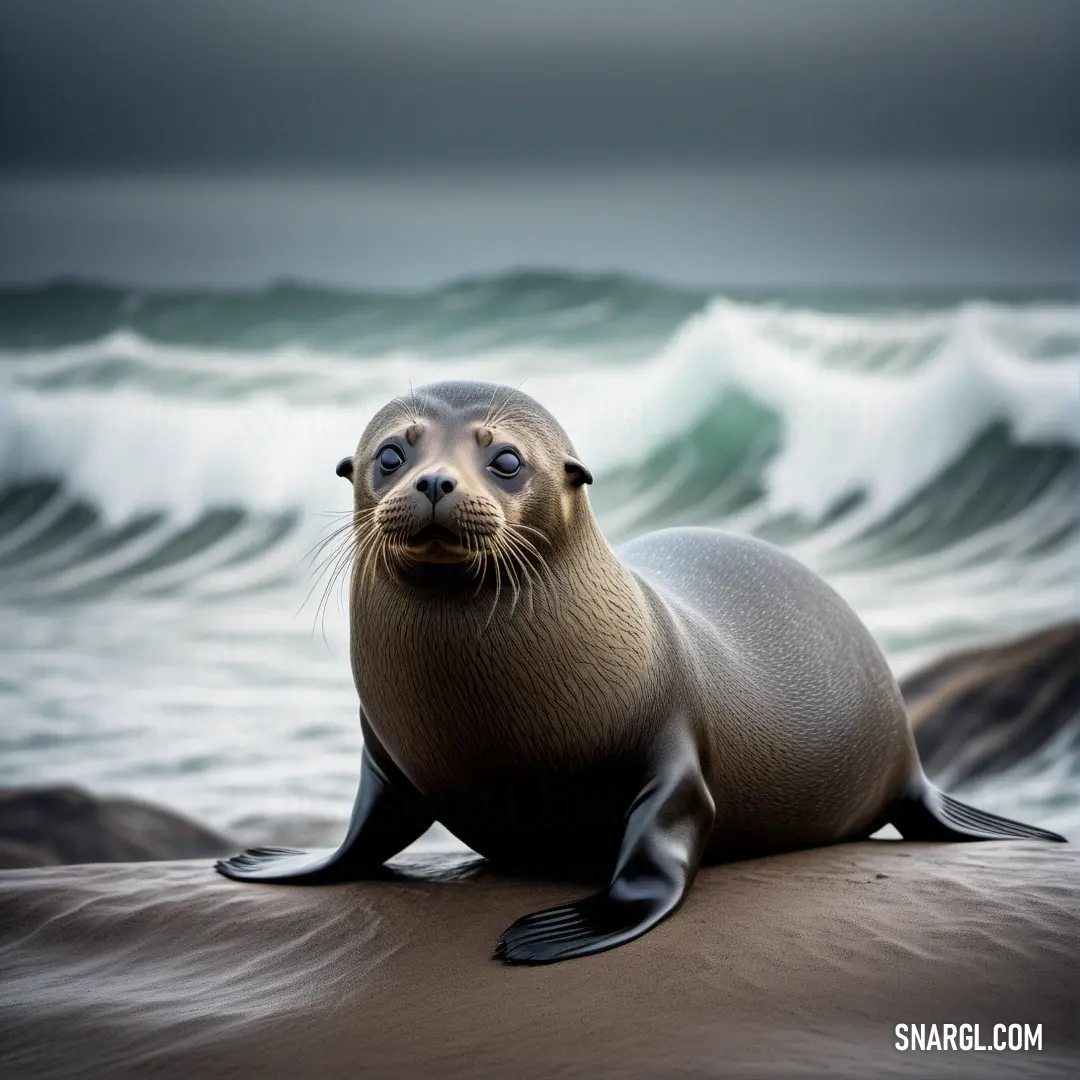 Seal on a rock near the ocean with a storm in the background