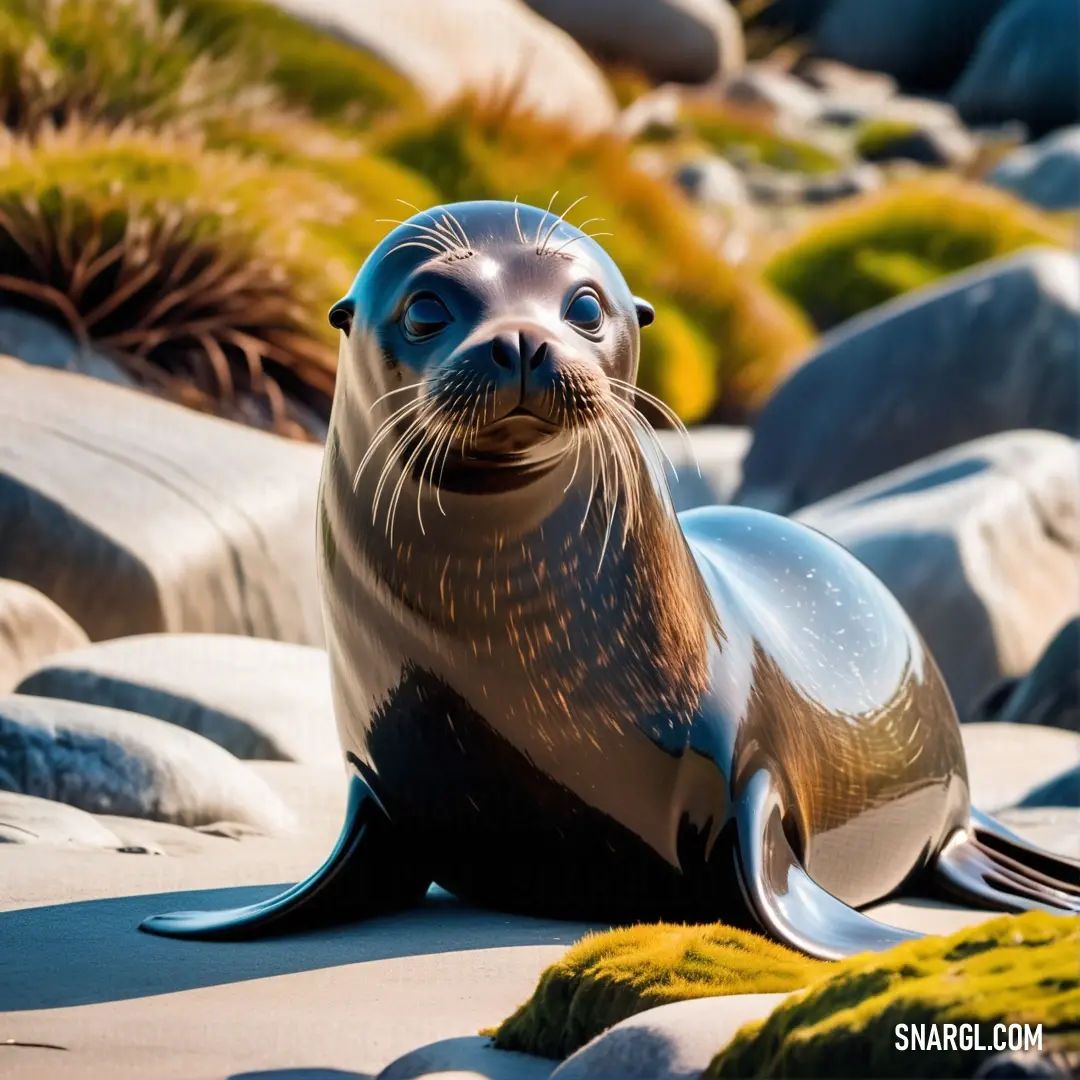 Seal on a rock with a fork in its mouth and a sea lion statue in the background