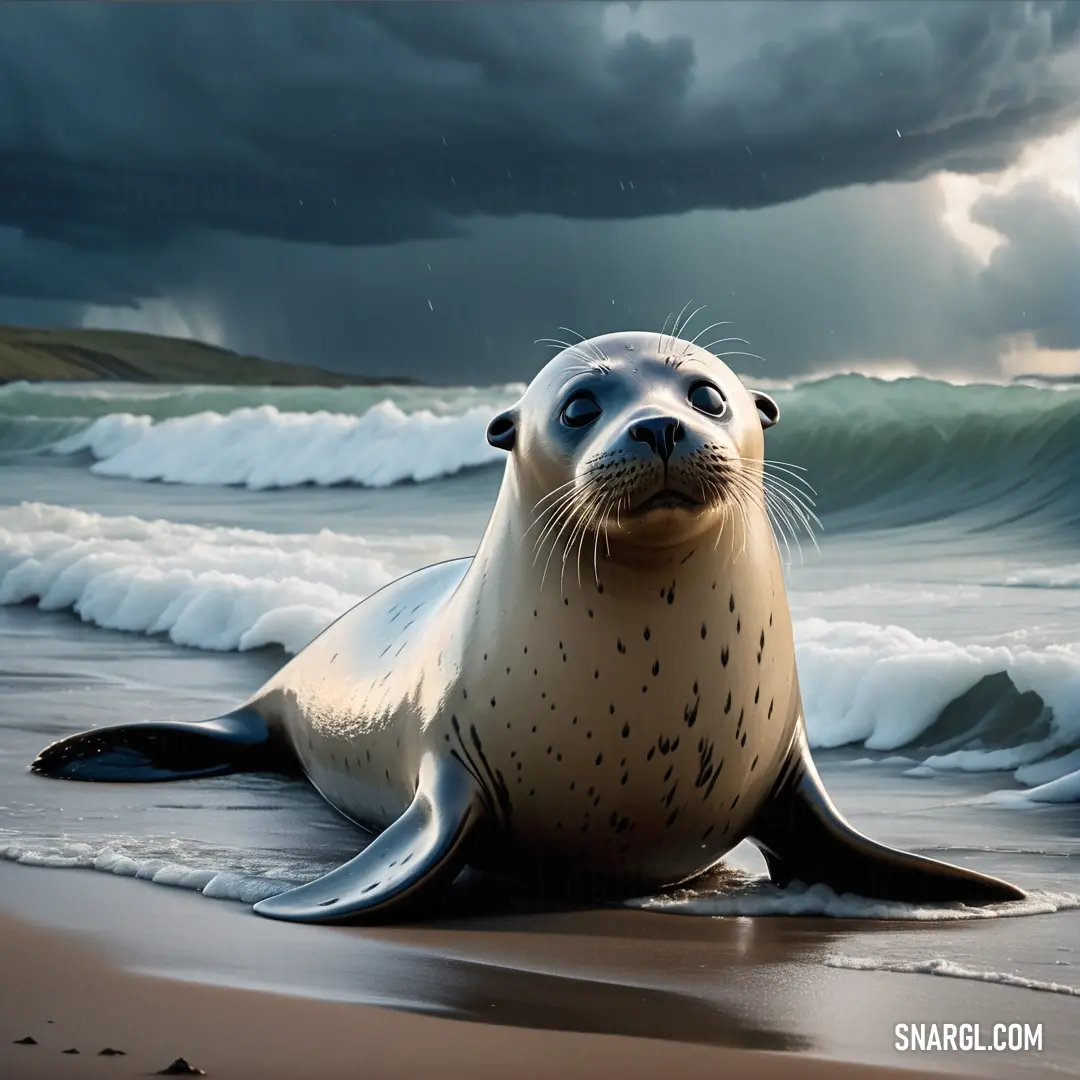 Seal on the beach with a storm in the background