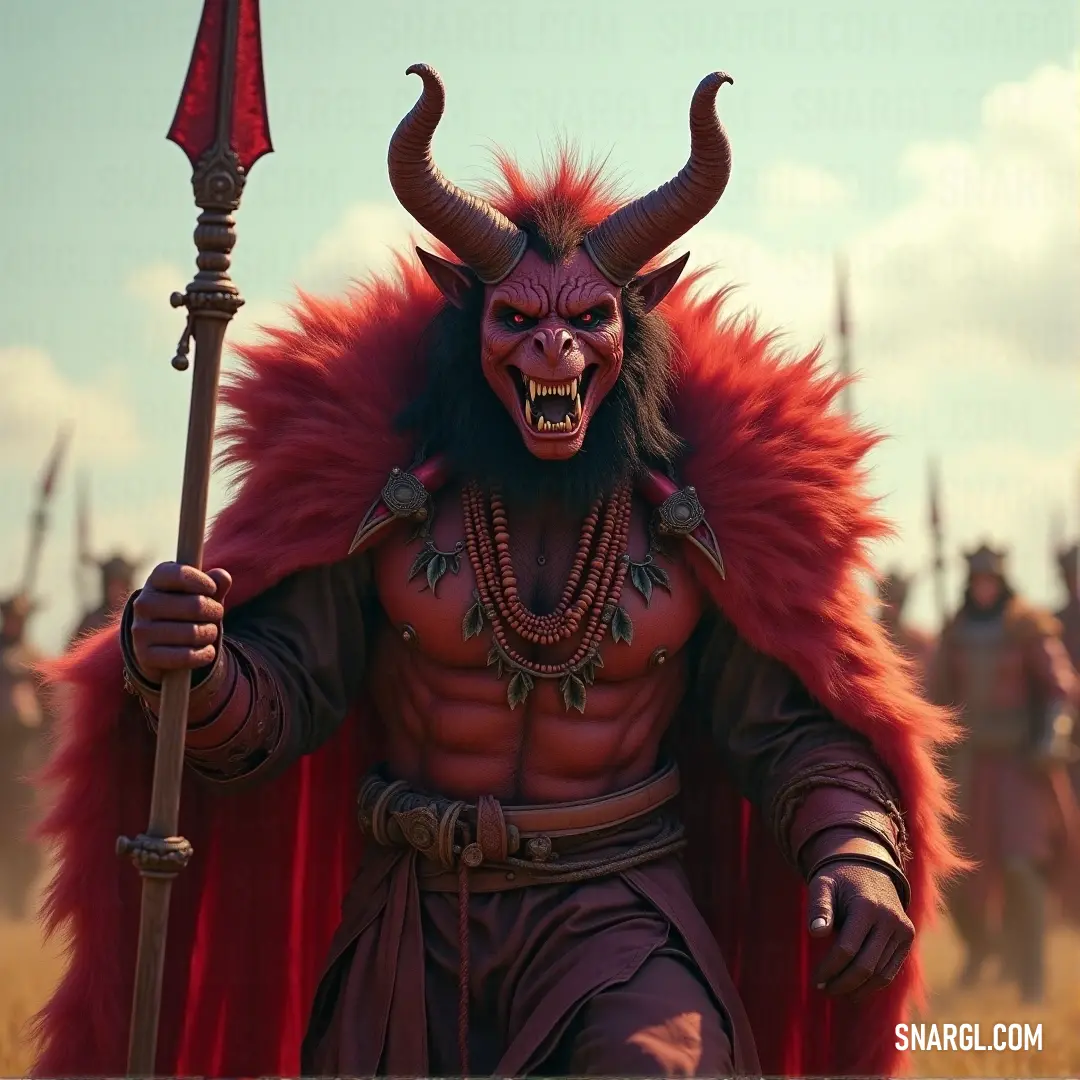 A horned warrior wielding a sword and donning a flowing red cape, exuding strength and readiness for combat. A fierce warrior with a horned head, gripping a sword tightly, his red cape billowing in the wind. His presence commands power, as he stands tall with a determined look on his face, ready for battle.