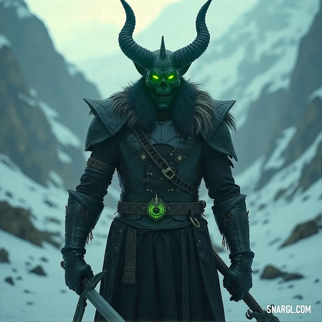 A fierce warrior in horned armor, sword drawn, gazes over a rugged mountain landscape, preparing for an epic journey. A powerful figure clad in a horned costume, wielding a gleaming sword, stands atop a rocky terrain with towering mountains in the distance. His determined gaze pierces the horizon, ready for whatever challenges lie ahead.