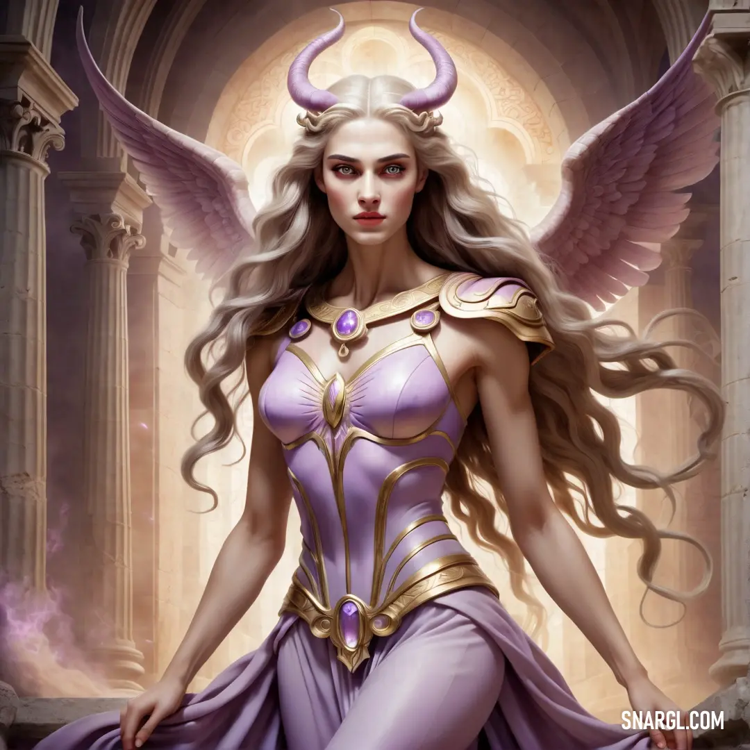 Fury dressed in a purple outfit with horns and wings on her head and a halo around her neck