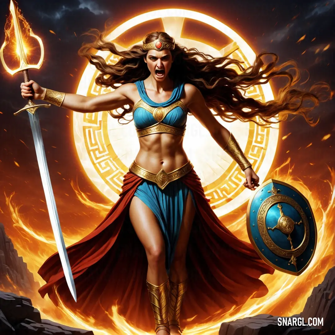 Fury in a bikini holding a sword and a sword in her hand with flames behind her and a circle of fire behind her