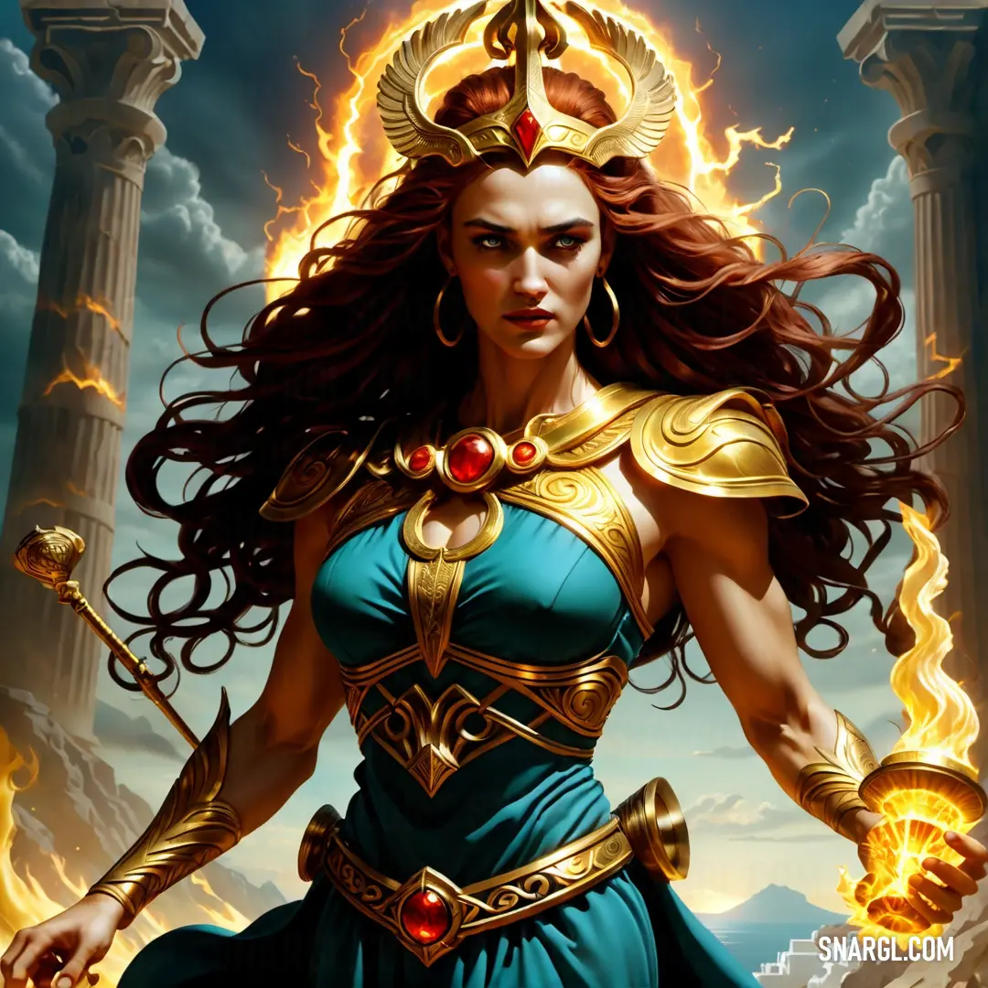 Fury in a blue dress holding a sword and a flame in her hand with a sky background and clouds