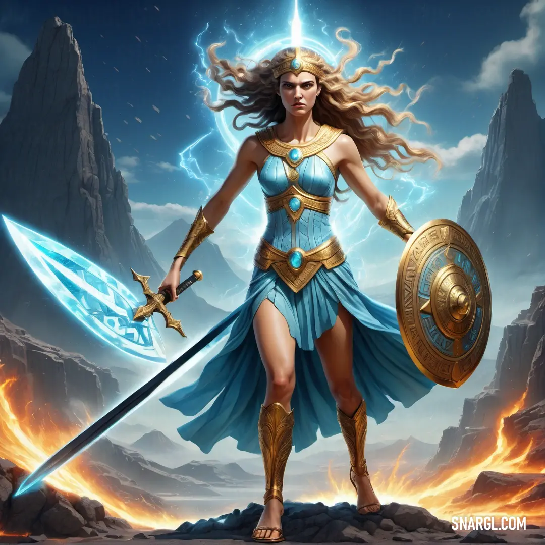Fury in a blue dress holding a sword and a sword in her hand with a lightning behind her