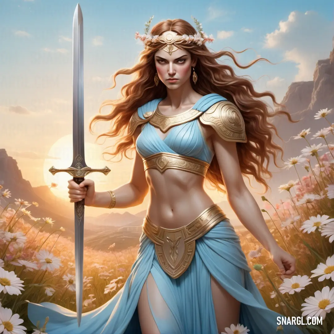 Fury in a blue dress holding a sword and a sword in her hand with a mountain in the background