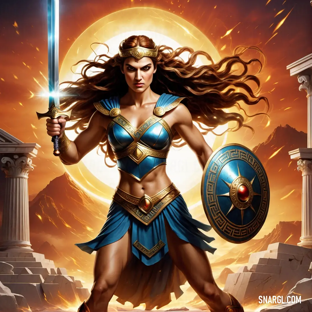 Fury in a blue outfit holding a sword and a sword in her hand with a sun in the background