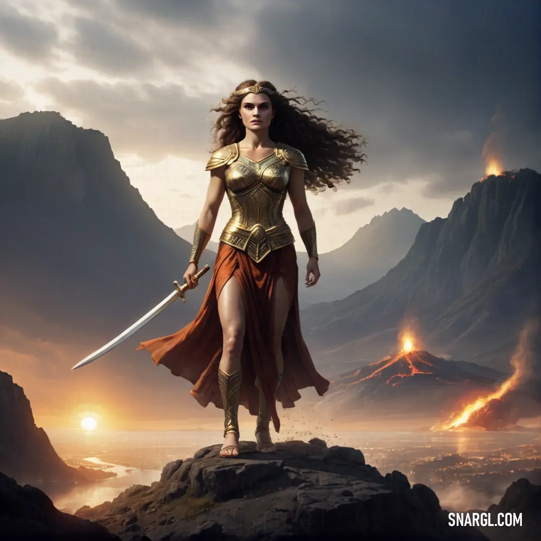 Fury in a costume holding a sword on a rock in front of a mountain range with lava and a volcano in the background