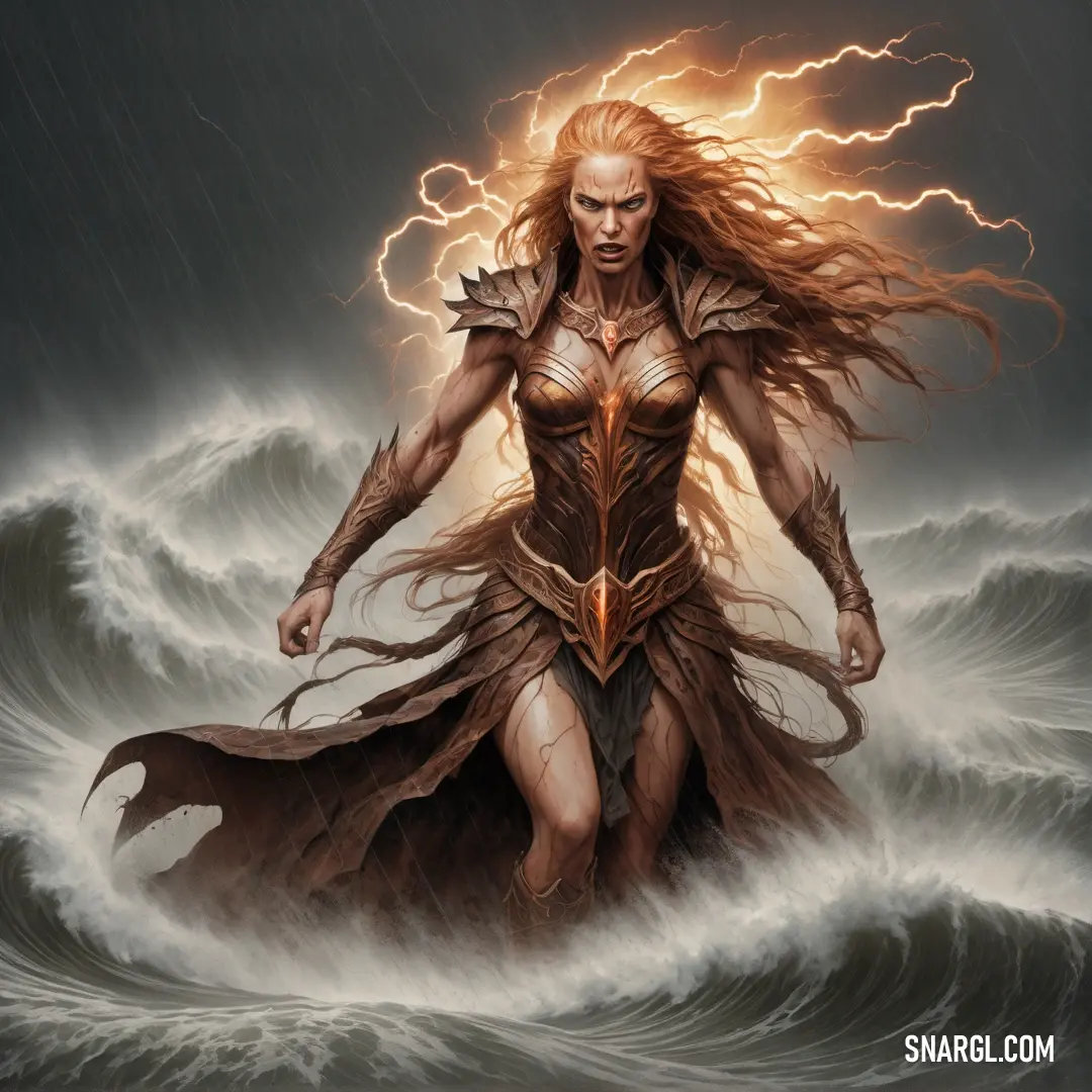 Fury in a costume standing in a body of water with lightning behind her and her hair blowing in the wind