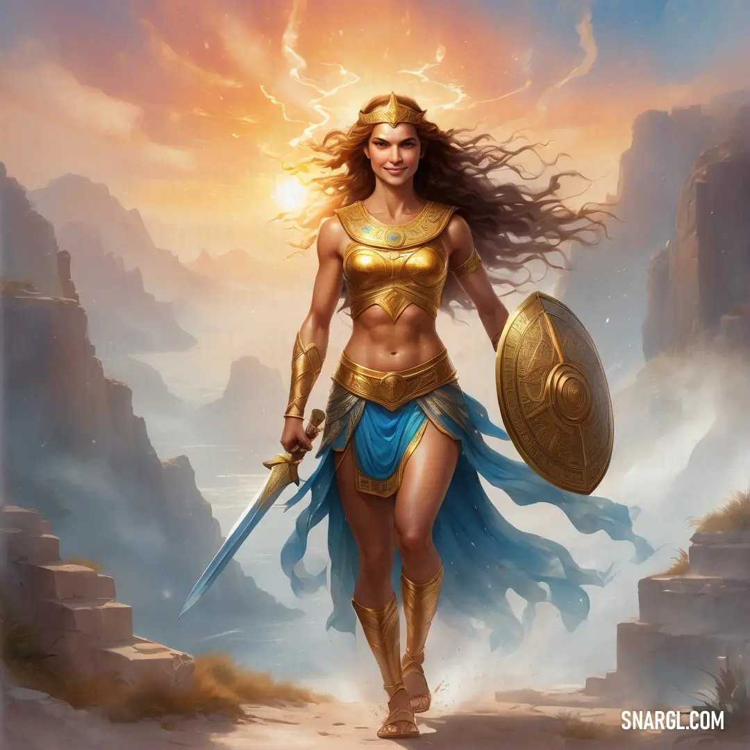 Fury in a gold and blue outfit holding a sword and a shield with a lightning behind her and a sky background