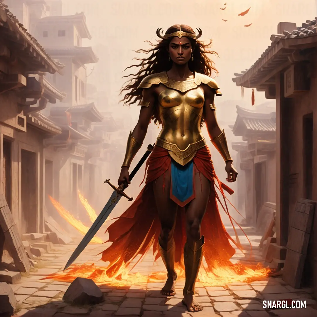 Fury in a gold and red costume holding a sword and a flame sword in her hand and a fire burning behind her