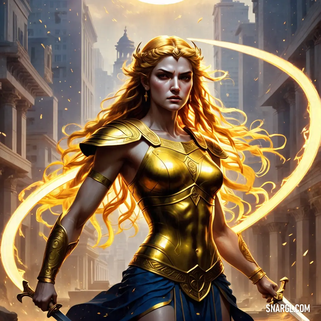 Fury in a golden outfit holding a sword and a sword in her hand with a city in the background