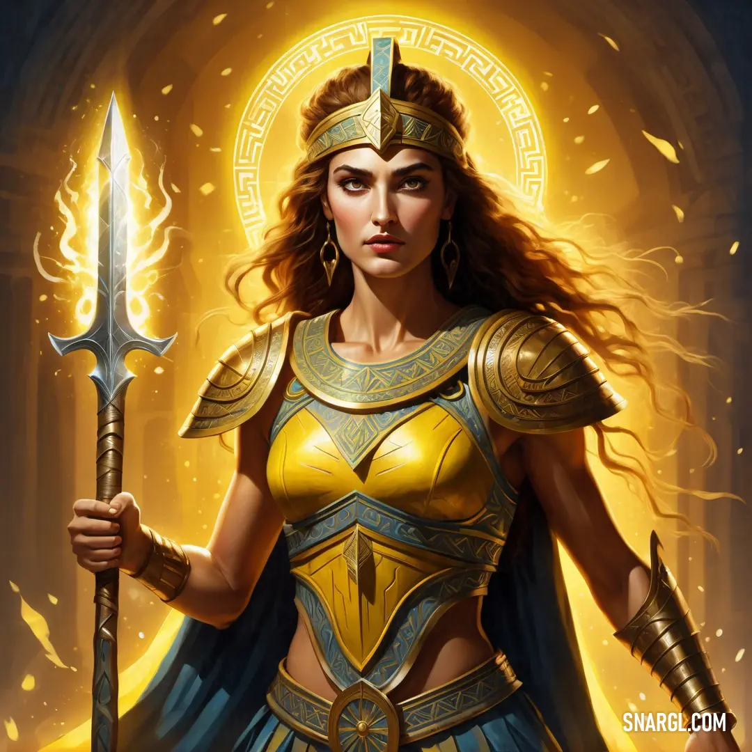 Fury in a golden outfit holding a sword and a sword in her hand with a golden halo around her neck