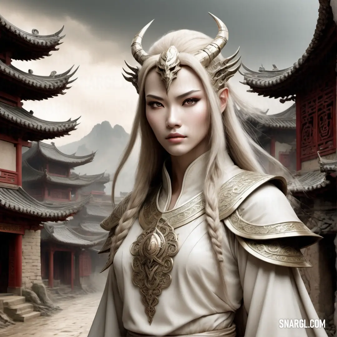 Fury in a white dress with horns and a white hair and a white dress with gold accents stands in front of a chinese building