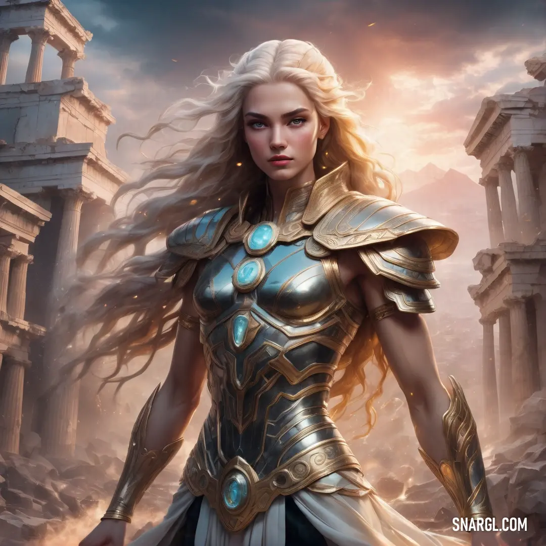 Fury in armor standing in front of ruins with a sword in her hand and a sky background