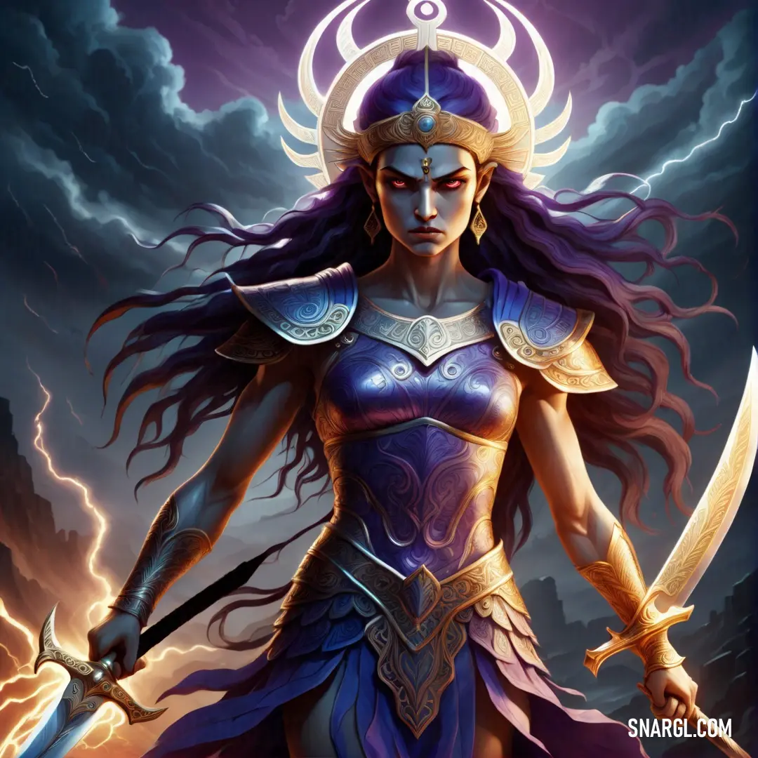 Fury with a sword and a helmet on holding a sword in her hands and lightning in the background