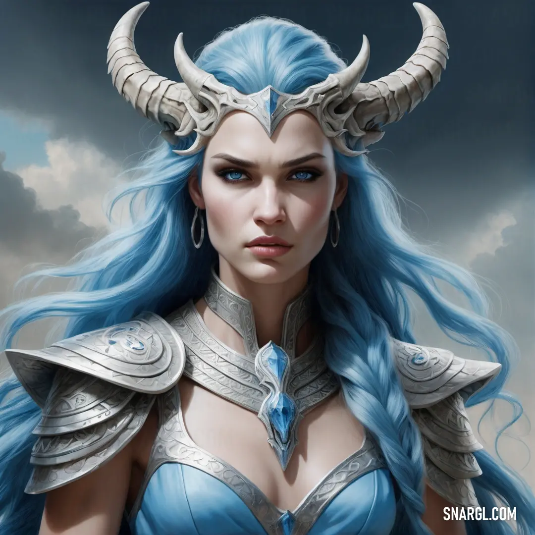Woman with blue hair and horns wearing a blue dress and a helmet with horns on it's head