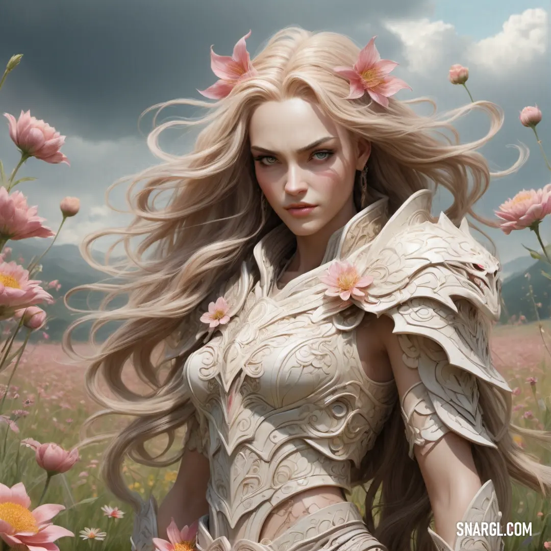 Woman with long blonde hair standing in a field of flowers with a cloudy sky behind her