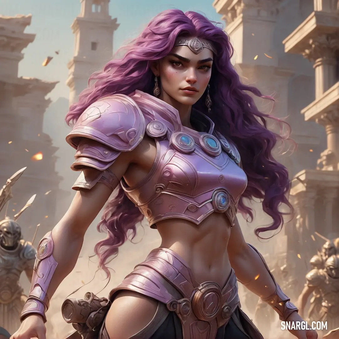 Woman with purple hair and armor in a fantasy setting with a sword in her hand and a demon in the background