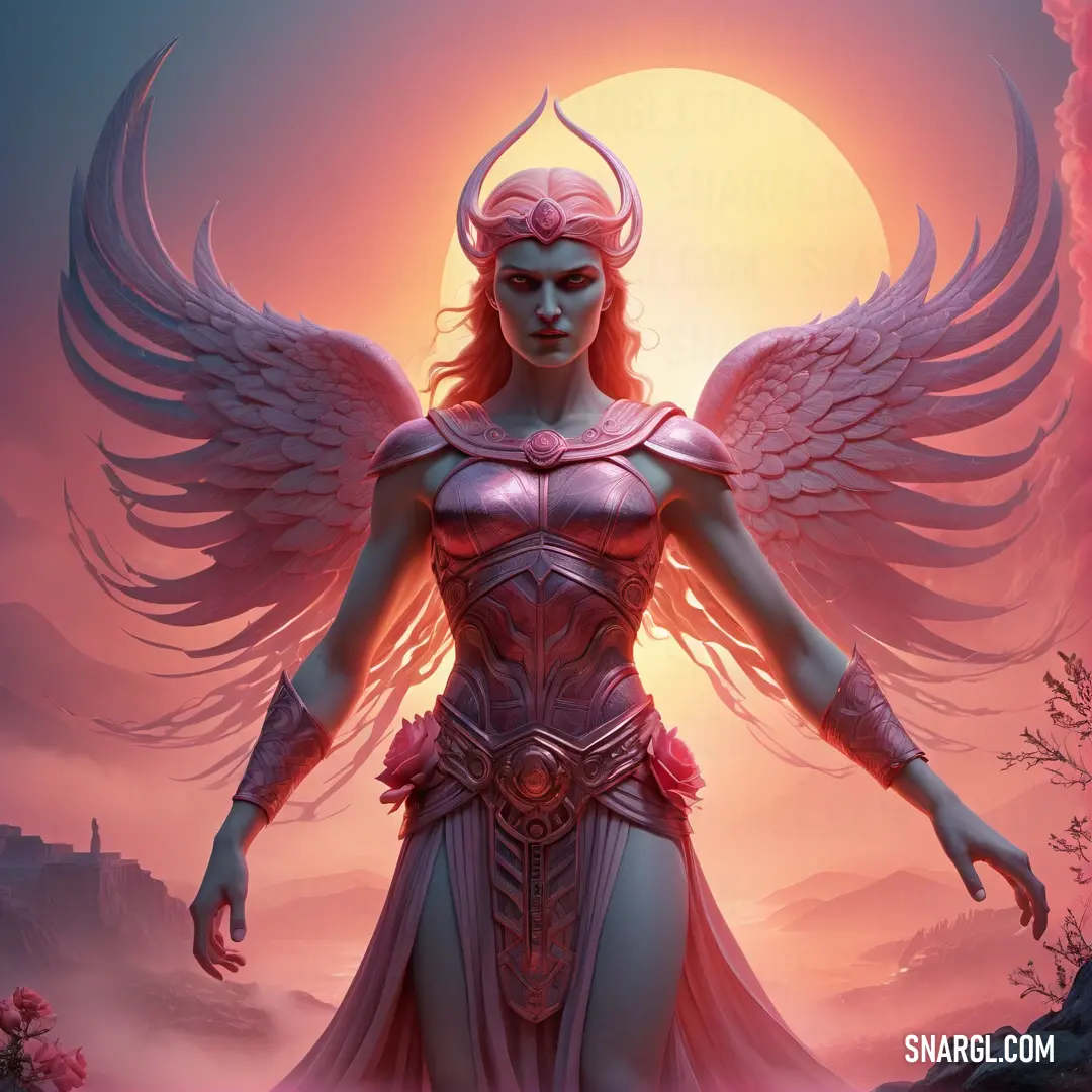 Fury with wings standing in front of a sunset with a full moon behind her and a pink sky