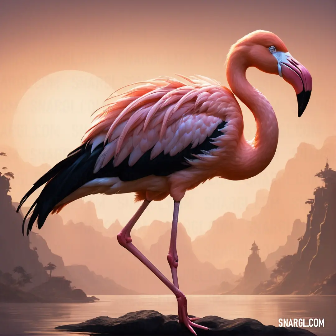 Flamingo standing on a rock in front of a lake with a sunset in the background. Example of Fuzzy Wuzzy color.