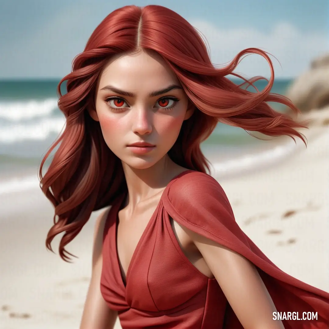 Digital painting of a woman with red hair on the beach with waves in the background. Example of Fuzzy Wuzzy color.