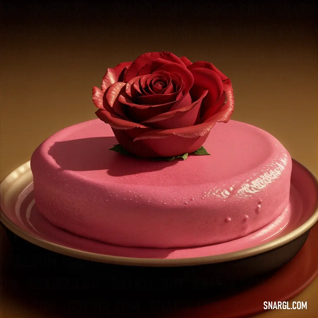 Pink cake with a single rose on top of it on a plate on a table with a brown background