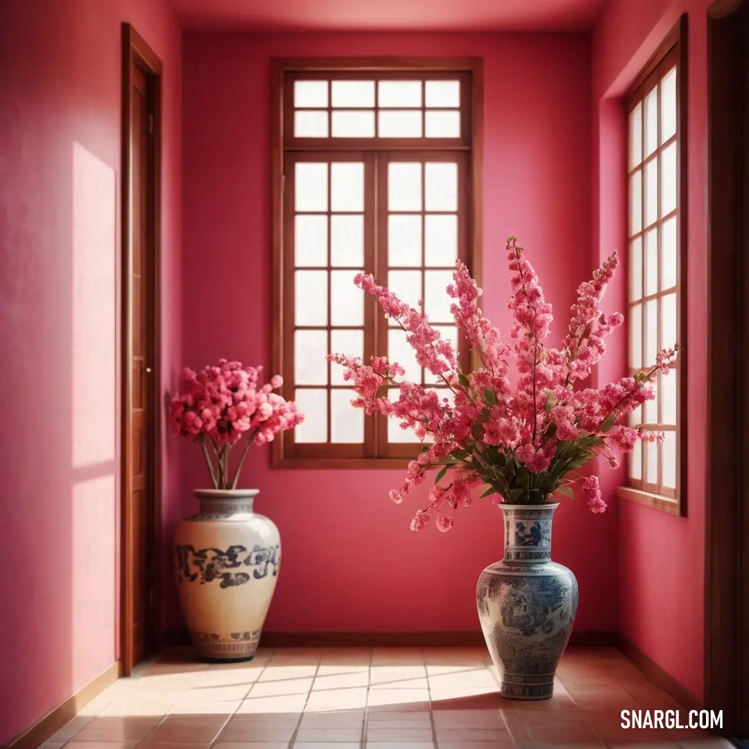 Vase with flowers in it in a room with a pink wall and a window with a wooden frame. Color #CC6666.