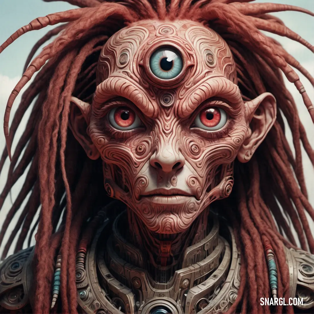 Weird looking alien with dreadlocks and a blue eye is shown in this image of a man