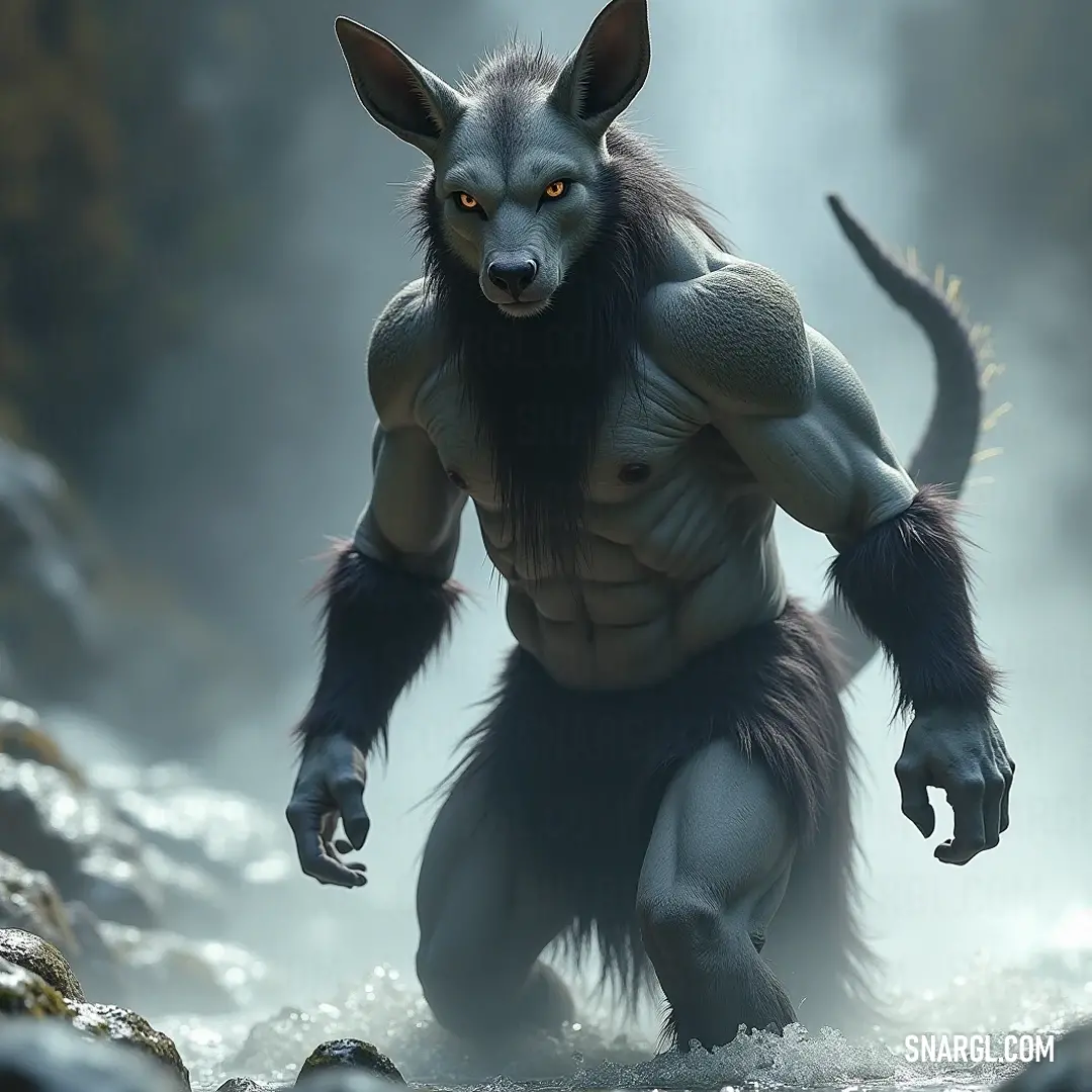 A rugged figure with flowing hair and a weathered beard meanders through a tranquil river, enveloped by a mystical fog that clings to the trees, blending nature and spirit in the luminous light.