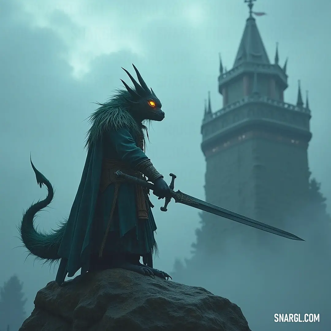 Fygar in a striking green coat, brandishing a sword on a rocky precipice beneath the shadow of a grand castle. Fiercely proud, the Fygar in a vibrant green coat stands atop a rugged rock, clutching a gleaming sword with an ancient castle looming majestically in the backdrop.