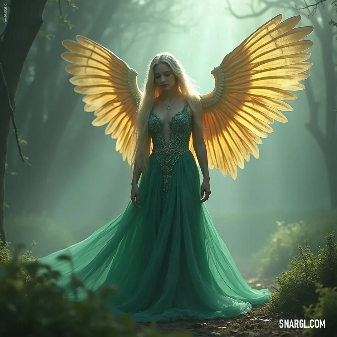 A captivating being in a lush green gown adorned with large golden angel wings, standing gracefully in a dreamlike setting, embodying warmth and ethereal elegance. An enchanting figure draped in a vibrant green dress, embellished with magnificent yellow angel wings, radiates otherworldly charm amidst a soft glow. Her gentle aura welcomes you to a realm of fantasy.