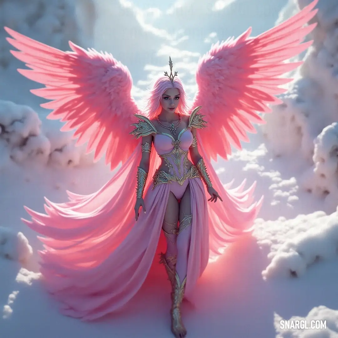 Gabriel in a vibrant pink dress, adorned with delicate wings, embodies fantasy and grace in a whimsical setting. A whimsical character named Gabriel, adorned in a vibrant pink dress, flutters gracefully with elegant wings that shimmer under a soft light, embodying the essence of fantasy and imagination.