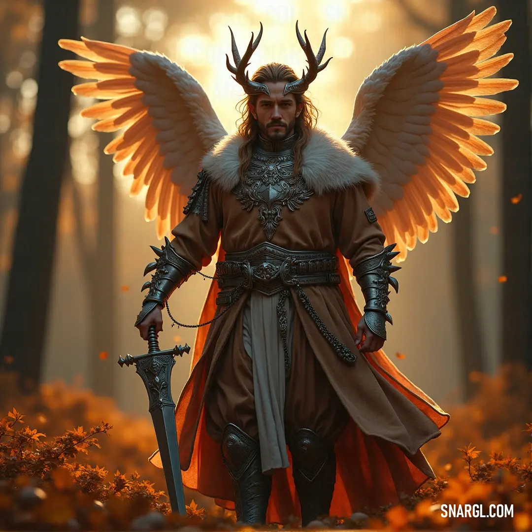 Gabriel, the warrior angel with a sword and wings, standing in a forest with a bird on his shoulder. Gabriel, a majestic warrior angel, stands tall in a forest with wings outstretched. A sword gleams in one hand, while a bird rests on his shoulder, symbolizing freedom and divine guidance as he watches over the land.