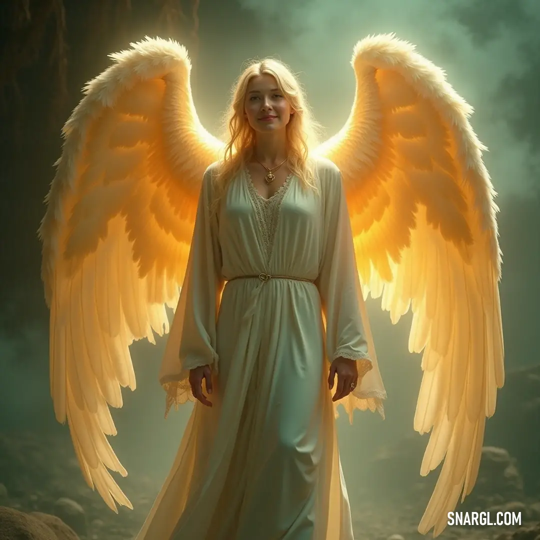 Gabriel caught in a moment of tranquility, standing amidst vibrant grass with her wings unfurled, connecting heaven and earth. Serene and captivating, Gabriel stands amidst a field of lush green grass, her magnificent angel wings spread wide as she gazes at the clear blue sky, embodying peace and harmony with nature.