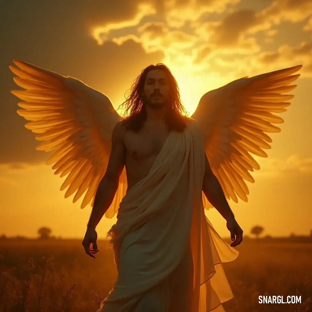 Celestial figure Gabriel, with majestic long hair and an elegant white dress and wings, stands in a lush field at sunset, enveloped by the warm golden light of the setting sun. A celestial figure named Gabriel with long flowing hair cloaked in a shimmering white dress adorned with ethereal wings, stands gracefully in a vibrant field illuminated by the warm hues of a breathtaking sunset, with the sun casting a divine glow behind