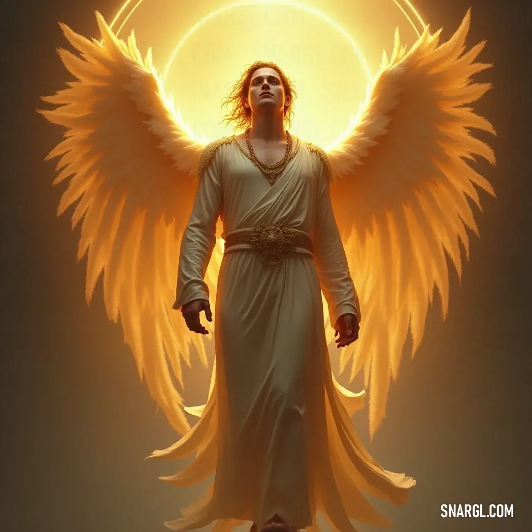 Gabriel, adorned with resplendent wings, stands nonchalantly before a bright sun, hands tucked casually in his pockets, exuding an aura of calm assurance and serenity, as a soft halo frames his gentle visage.