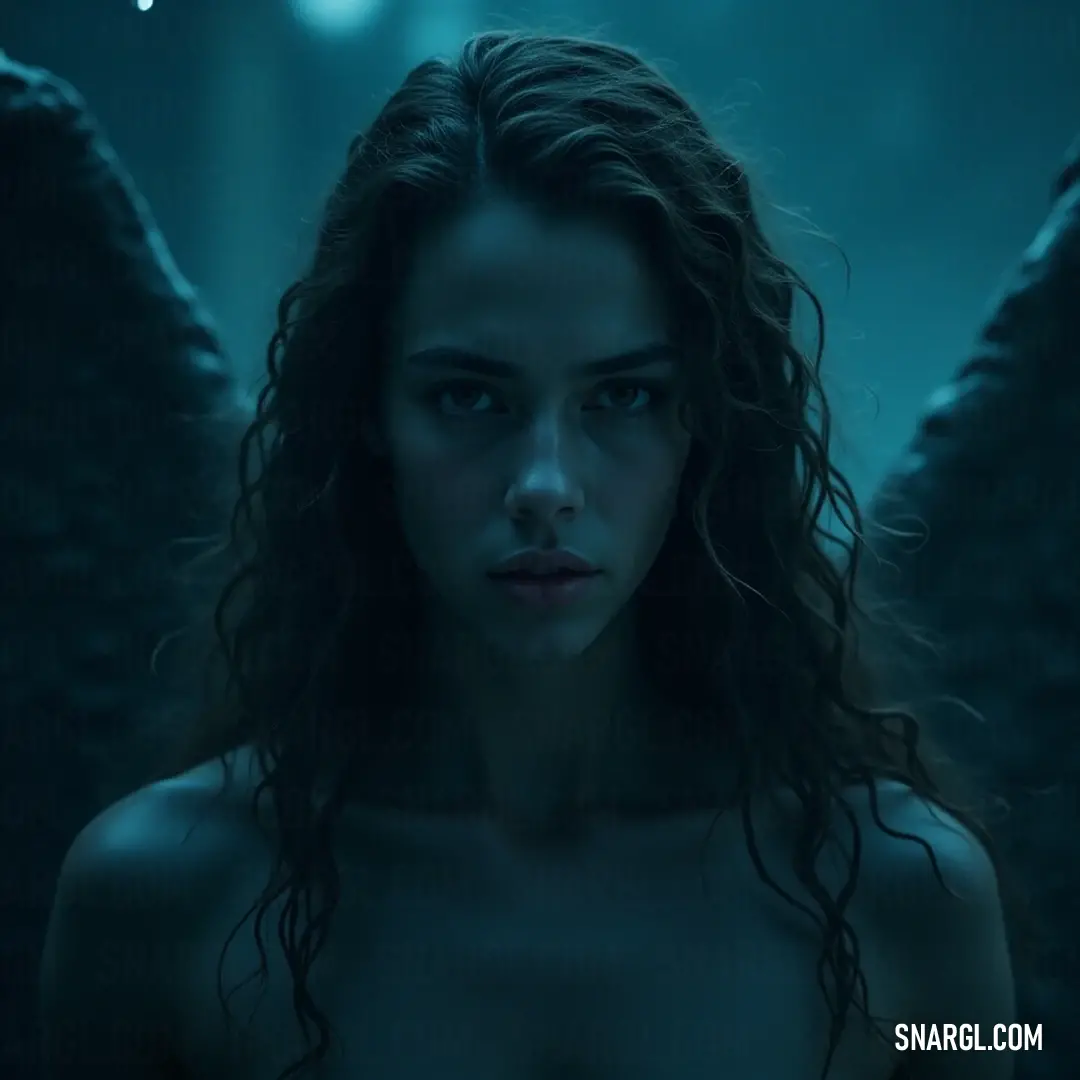 Gabriel, with cascading long hair and vibrant blue eyes, stands in a shadowy room, her angel wings resting gently on her chest. The soft light creates a serene focal point on her ethereal beauty while inviting a sense of peace and contemplation.