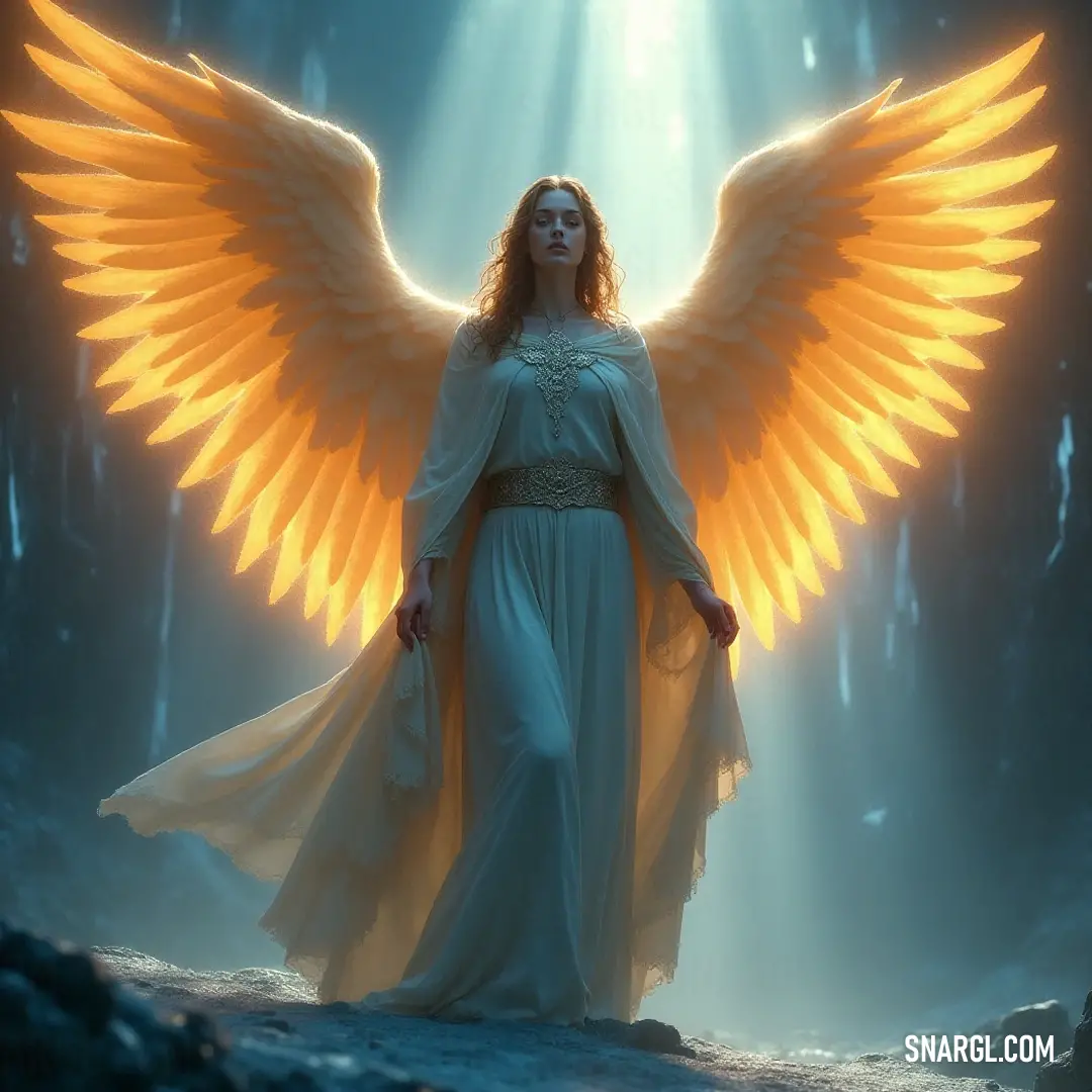 Gabriel with luminous yellow wings in a mystical forest, radiating divine energy. In a mystical forest filled with dappled light, Gabriel stands majestic with sprawling yellow wings, her eyes glowing with an otherworldly light. A halo crowns her head, embodying the essence of divine presence amidst the whispering trees.